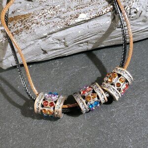 Rustic Antique Bronze Rhinestones Barrel Pendant Necklace Vegan Leather Cord